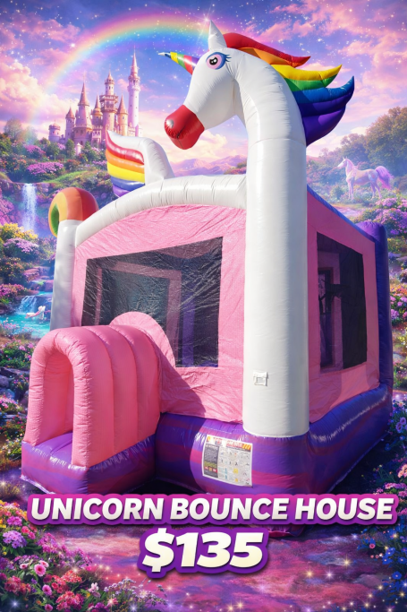 Unicorn Bounce House- $135 15X15 Colorful unicorn bounce house with pink and white design, surrounded by a whimsical background.