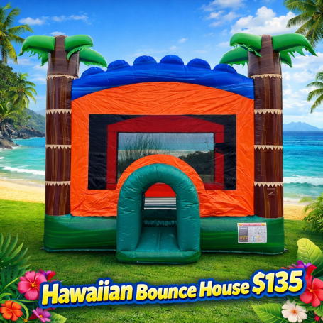 Hawaiian Bounce House $135 15X15 Colorful Hawaiian bounce house with palm trees, set against a beach background. $135.